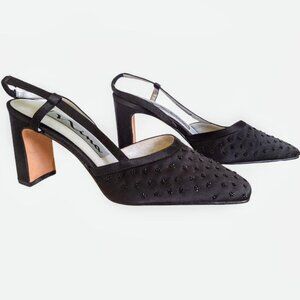 Vintage Nina Womens Heels Beaded Black Satin Slingback Block - Formal Party Hoco